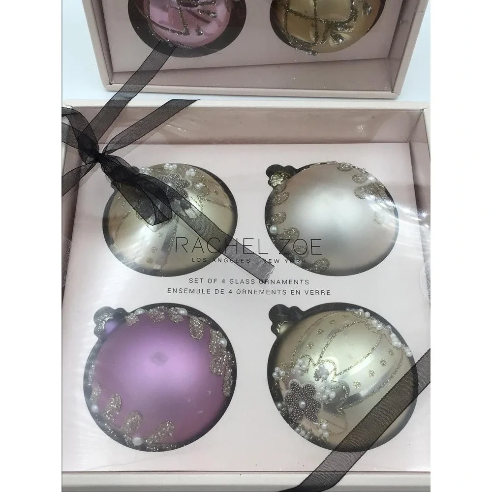 Rachel Zoe 8pc Glass Christmas Ornaments Set Pink Gold Pearl Glitter Embellished